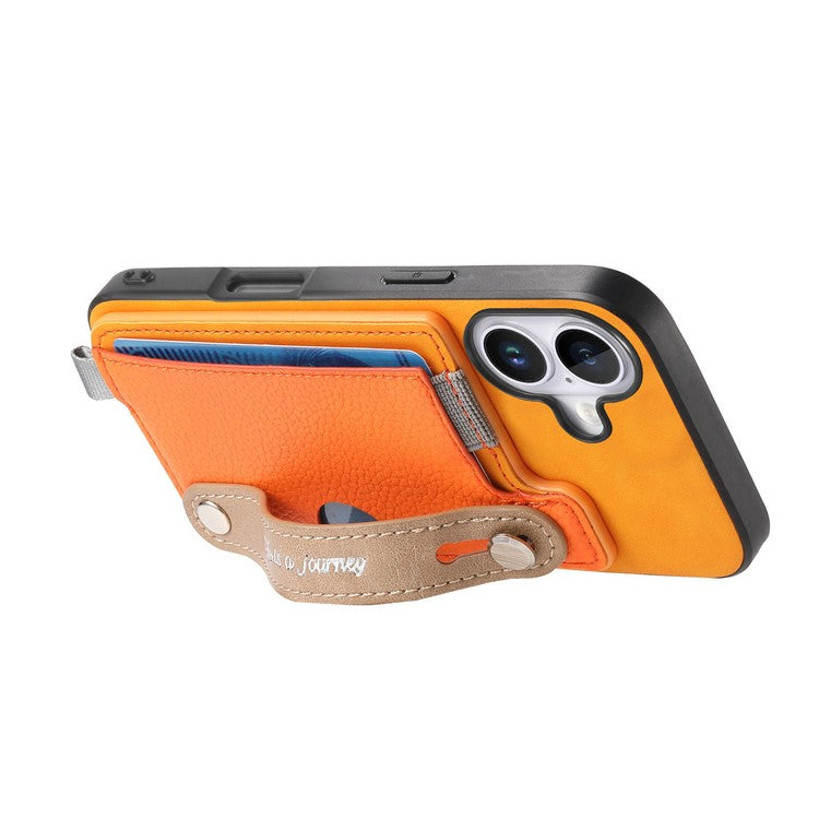 For iPhone 16 Case Wristband Kickstand Leather+TPU Phone Cover Detachable Card Holder - Orange