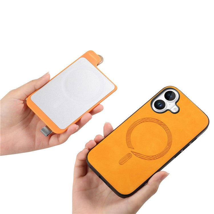For iPhone 16 Case Wristband Kickstand Leather+TPU Phone Cover Detachable Card Holder - Orange