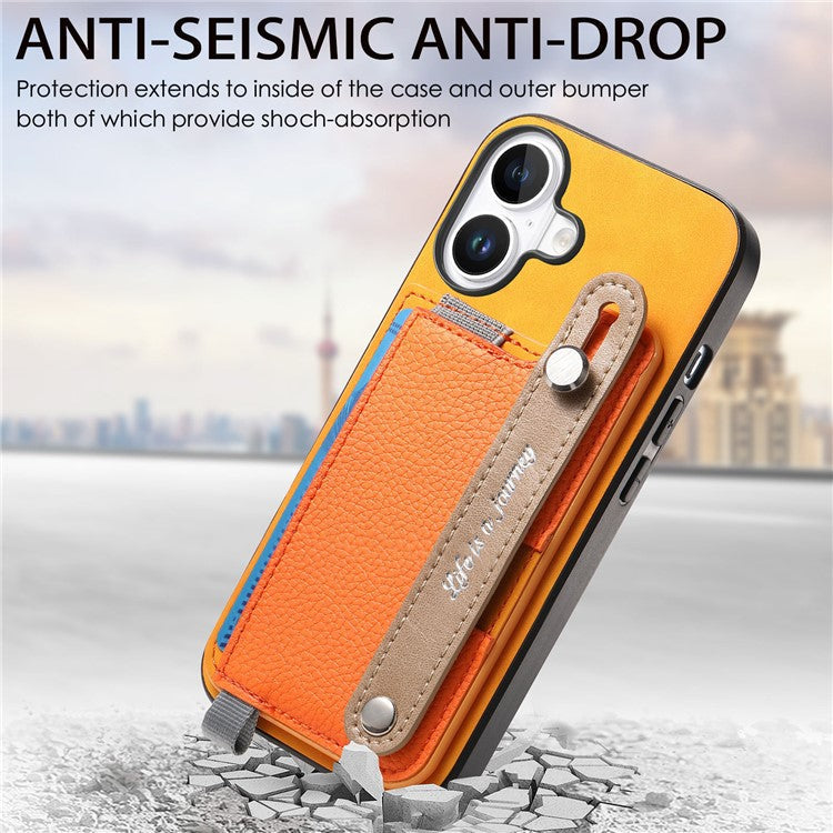 For iPhone 16 Case Wristband Kickstand Leather+TPU Phone Cover Detachable Card Holder - Orange