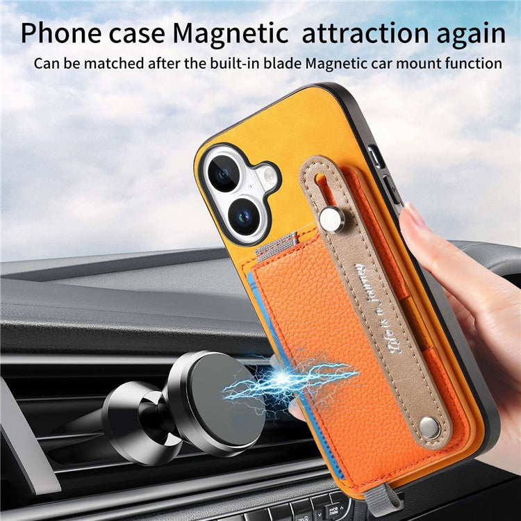 For iPhone 16 Case Wristband Kickstand Leather+TPU Phone Cover Detachable Card Holder - Orange