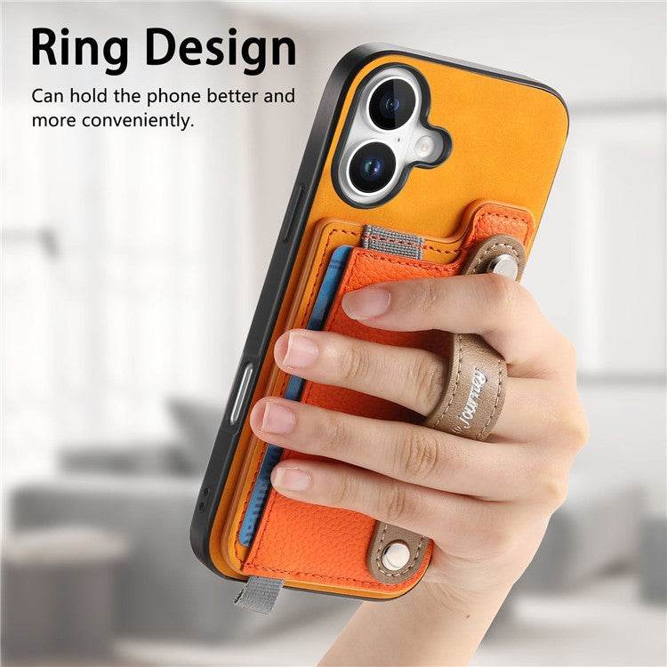 For iPhone 16 Case Wristband Kickstand Leather+TPU Phone Cover Detachable Card Holder - Orange