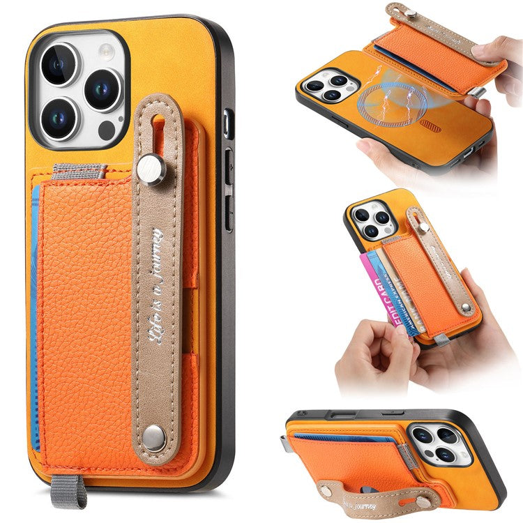For iPhone 16 Pro Case Wristband Kickstand Leather+TPU Phone Cover Detachable Card Holder - Orange