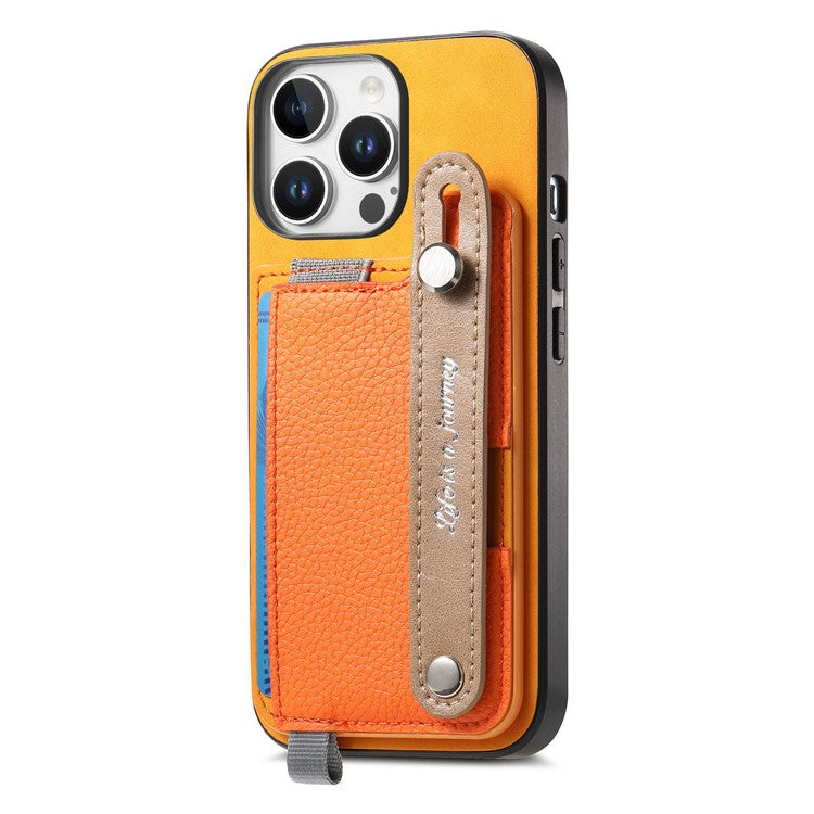 For iPhone 16 Pro Case Wristband Kickstand Leather+TPU Phone Cover Detachable Card Holder - Orange
