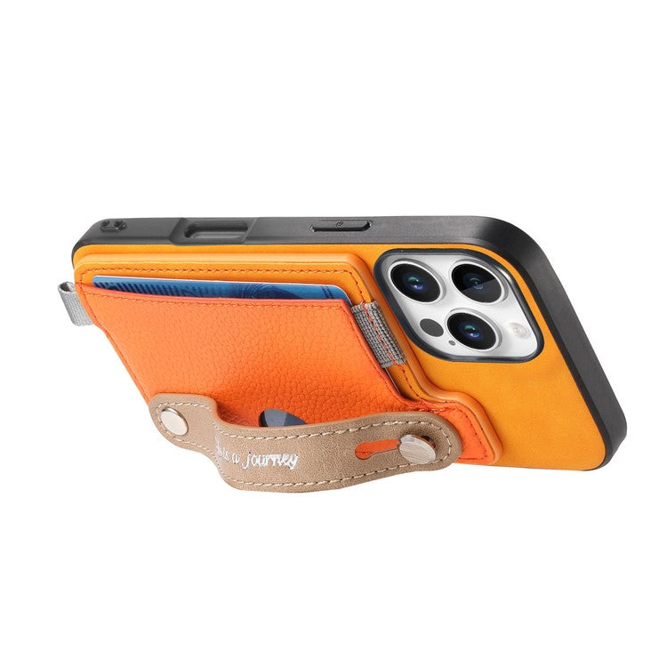 For iPhone 16 Pro Case Wristband Kickstand Leather+TPU Phone Cover Detachable Card Holder - Orange