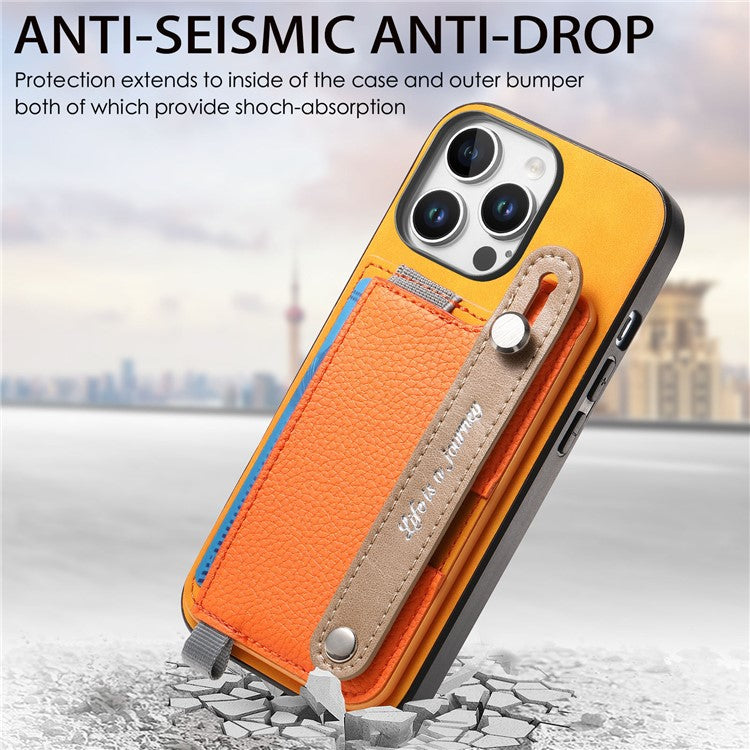 For iPhone 16 Pro Case Wristband Kickstand Leather+TPU Phone Cover Detachable Card Holder - Orange
