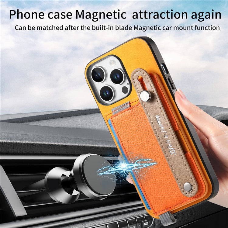 For iPhone 16 Pro Case Wristband Kickstand Leather+TPU Phone Cover Detachable Card Holder - Orange