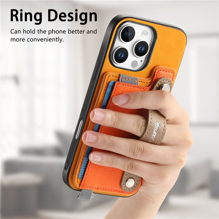 For iPhone 16 Pro Case Wristband Kickstand Leather+TPU Phone Cover Detachable Card Holder - Orange