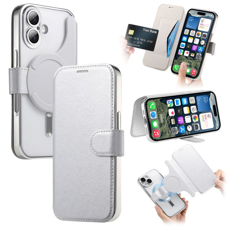 CASENEO For iPhone 16 Case with Lens Film TPU Inner Shell Detachable Leather Phone Cover - Silver