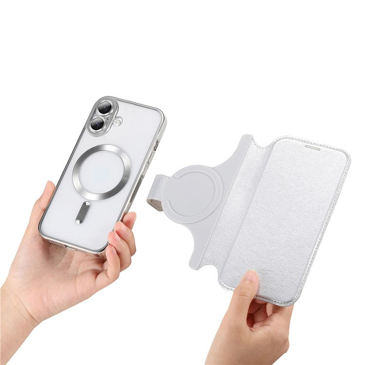 CASENEO For iPhone 16 Case with Lens Film TPU Inner Shell Detachable Leather Phone Cover - Silver