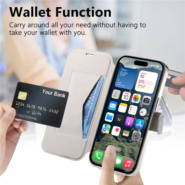 CASENEO For iPhone 16 Case with Lens Film TPU Inner Shell Detachable Leather Phone Cover - Silver