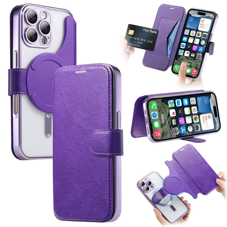 CASENEO For iPhone 16 Pro Case with Lens Film TPU Inner Shell Detachable Leather Phone Cover - Light Purple