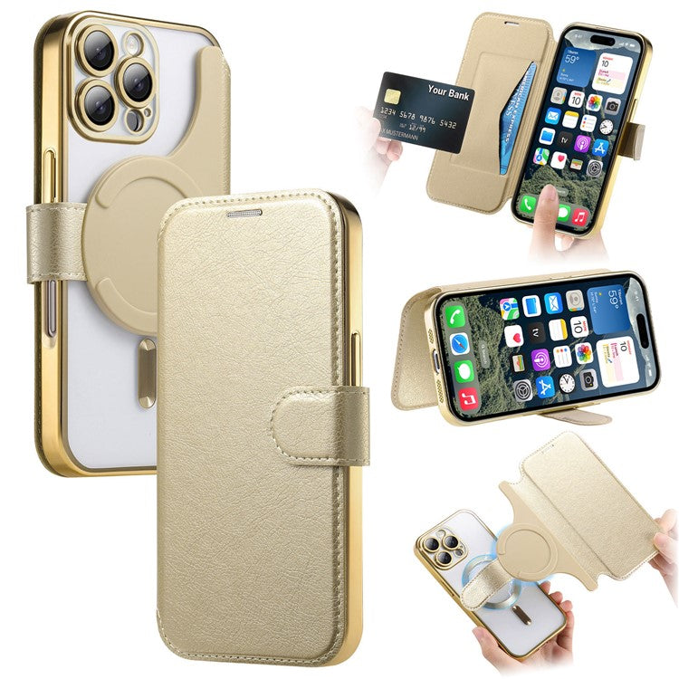 CASENEO For iPhone 16 Pro Case with Lens Film TPU Inner Shell Detachable Leather Phone Cover - Gold