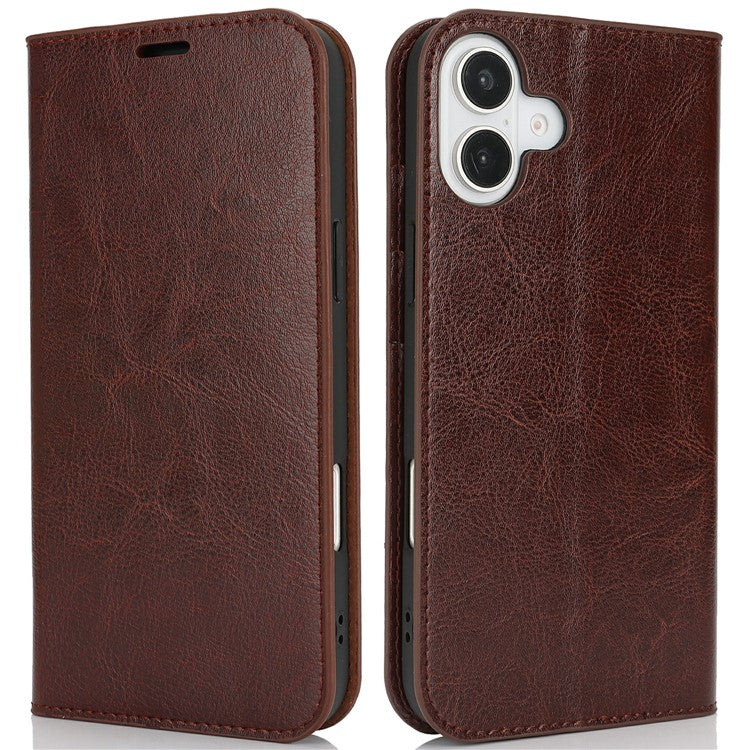 For iPhone 16 Case Crazy Horse Texture Split Leather Wallet Phone Cover - Dark Brown