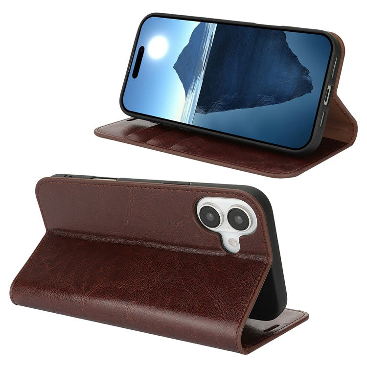 For iPhone 16 Case Crazy Horse Texture Split Leather Wallet Phone Cover - Dark Brown