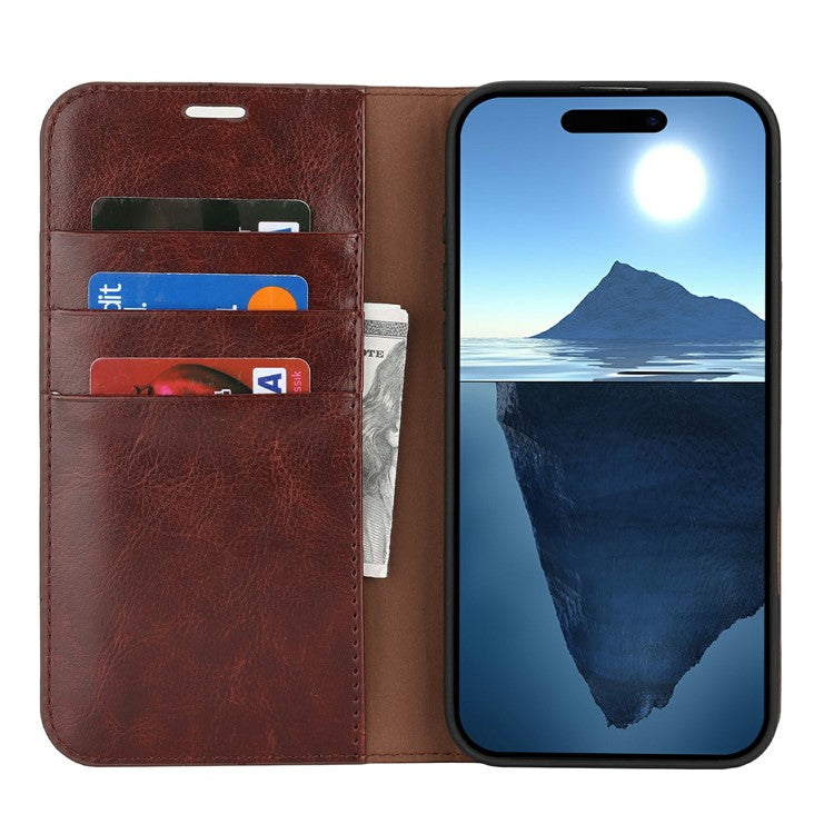 For iPhone 16 Case Crazy Horse Texture Split Leather Wallet Phone Cover - Dark Brown