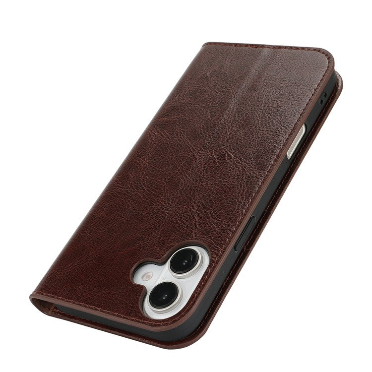 For iPhone 16 Case Crazy Horse Texture Split Leather Wallet Phone Cover - Dark Brown