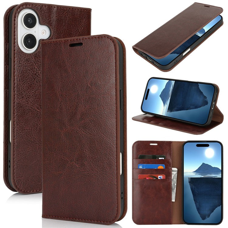 For iPhone 16 Case Crazy Horse Texture Split Leather Wallet Phone Cover - Dark Brown