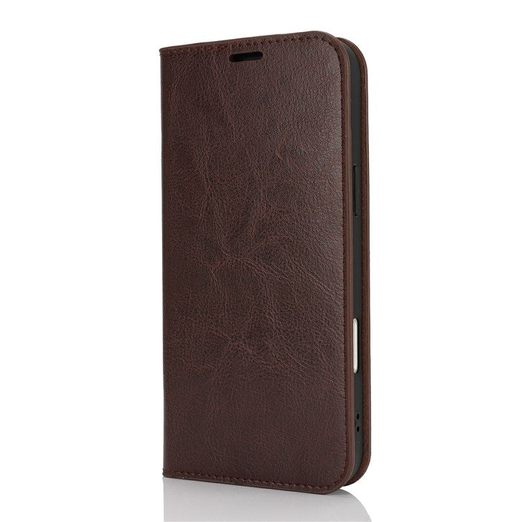For iPhone 16 Case Crazy Horse Texture Split Leather Wallet Phone Cover - Dark Brown