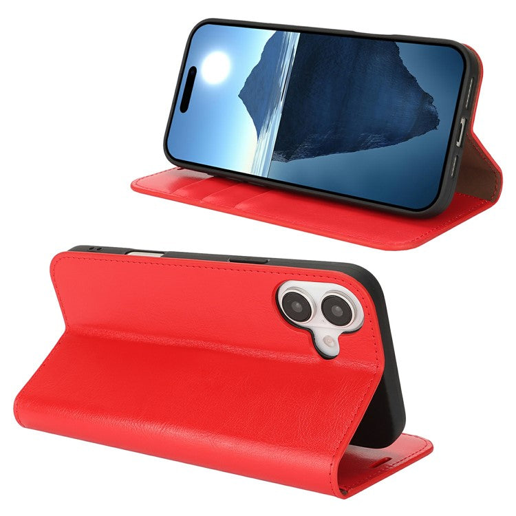 For iPhone 16 Case Crazy Horse Texture Split Leather Wallet Phone Cover - Red