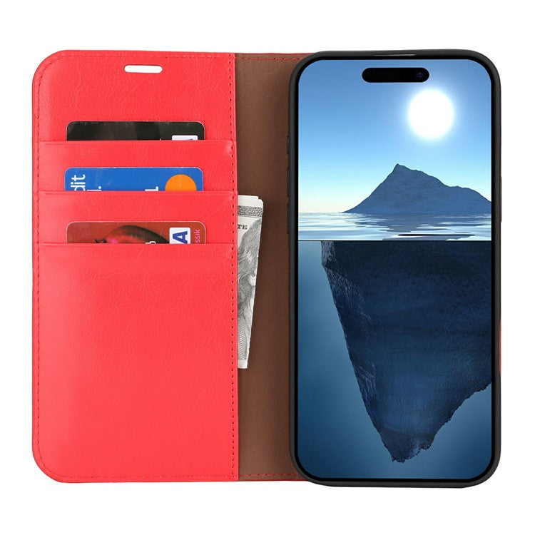 For iPhone 16 Case Crazy Horse Texture Split Leather Wallet Phone Cover - Red