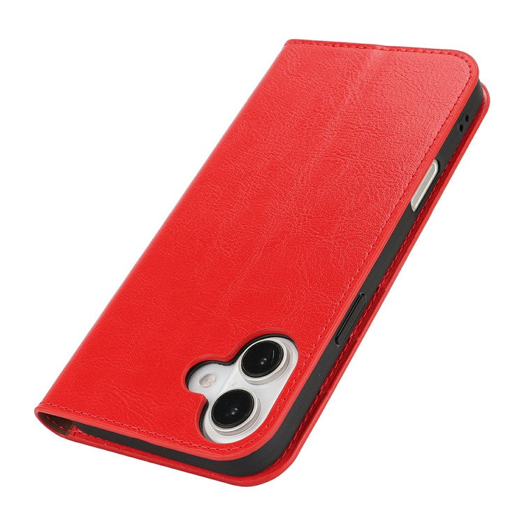 For iPhone 16 Case Crazy Horse Texture Split Leather Wallet Phone Cover - Red
