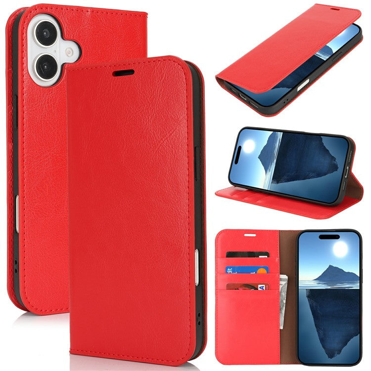 For iPhone 16 Case Crazy Horse Texture Split Leather Wallet Phone Cover - Red