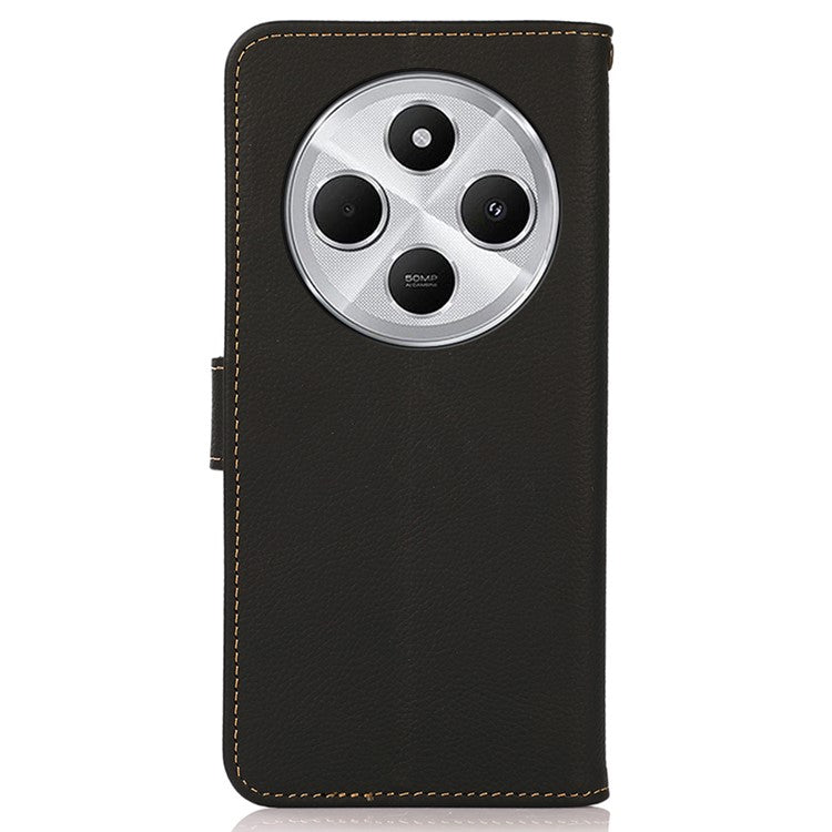 KHAZNEH For Xiaomi Redmi 14C 4G Case Genuine Cow Leather Wallet Phone Cover - Black