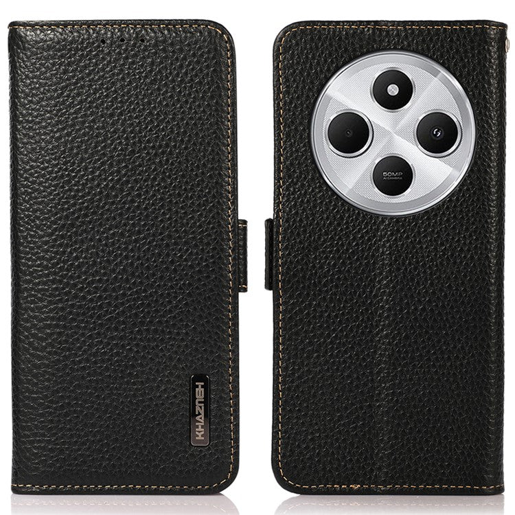 KHAZNEH For Xiaomi Poco C75 4G / Redmi 14R 5G / 14C 4G Phone Case Genuine Cow Leather Cover RFID Blocking - Black