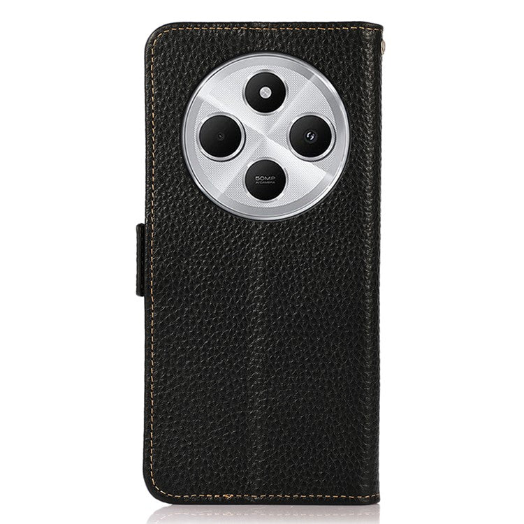 KHAZNEH For Xiaomi Poco C75 4G / Redmi 14R 5G / 14C 4G Phone Case Genuine Cow Leather Cover RFID Blocking - Black