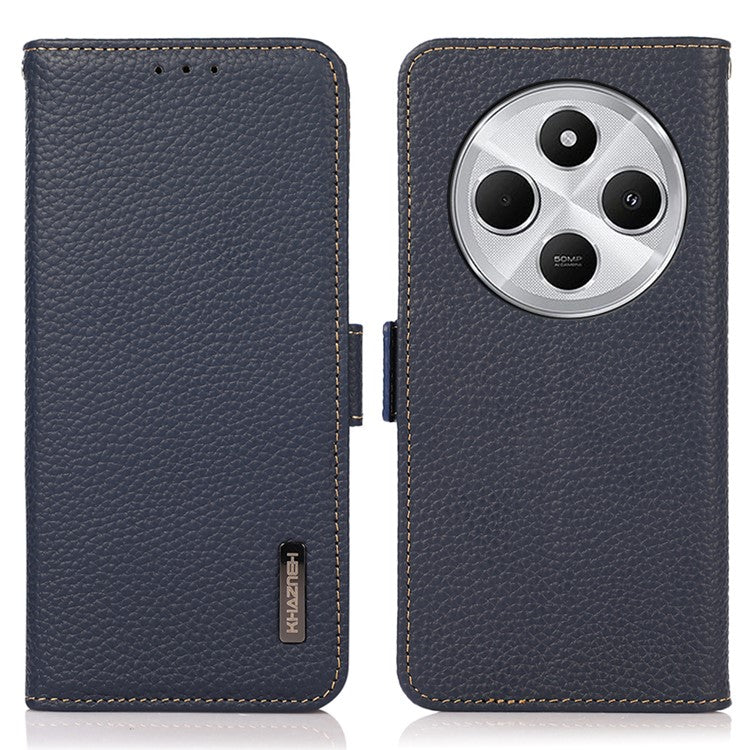 KHAZNEH For Xiaomi Poco C75 4G / Redmi 14R 5G / 14C 4G Phone Case Genuine Cow Leather Cover RFID Blocking - Blue