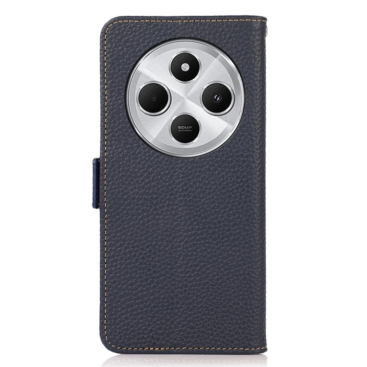 KHAZNEH For Xiaomi Poco C75 4G / Redmi 14R 5G / 14C 4G Phone Case Genuine Cow Leather Cover RFID Blocking - Blue