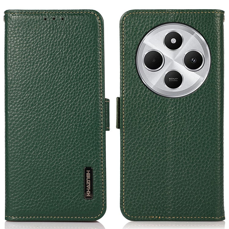 KHAZNEH For Xiaomi Poco C75 4G / Redmi 14R 5G / 14C 4G Phone Case Genuine Cow Leather Cover RFID Blocking - Green
