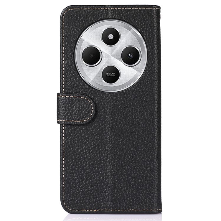 KHAZNEH For Xiaomi Poco C75 4G / Redmi 14R 5G / 14C 4G Phone Case Genuine Cow Leather Flip Cover - Black