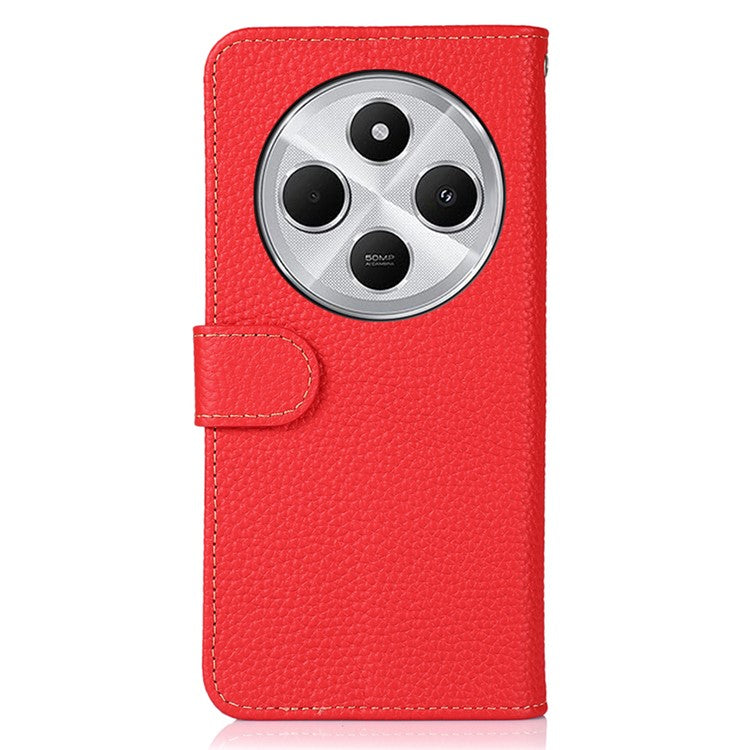KHAZNEH For Xiaomi Poco C75 4G / Redmi 14R 5G / 14C 4G Phone Case Genuine Cow Leather Flip Cover - Red