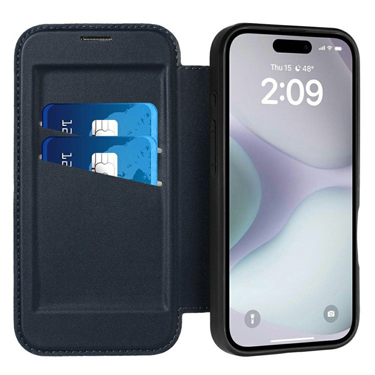 For iPhone 16 Case Magnetic Closure Card Slot Leather Flip Phone Cover - Midnight Blue
