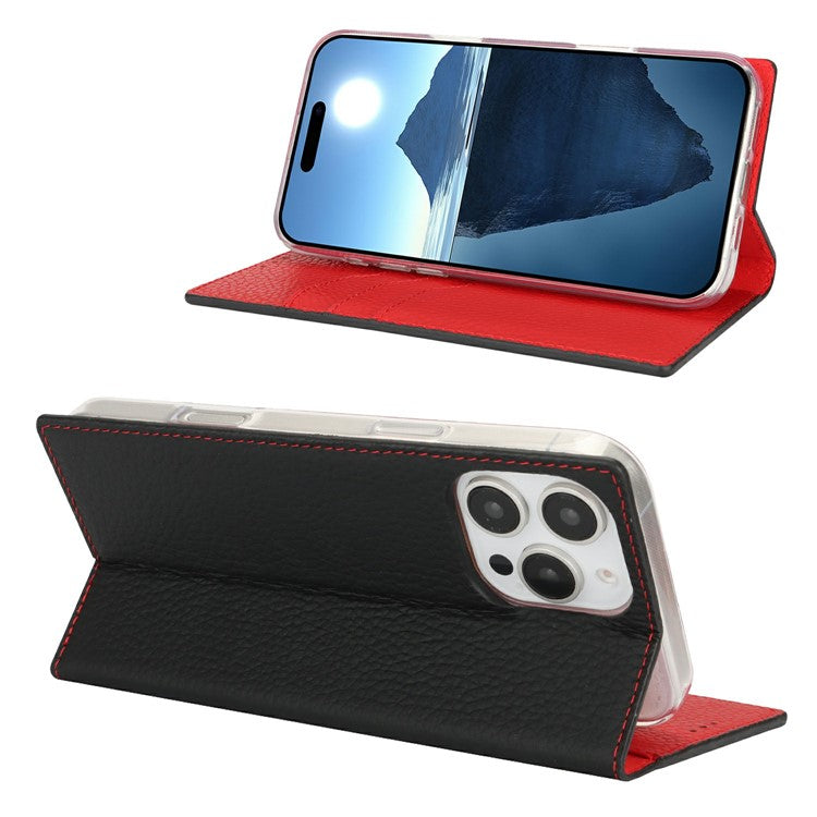 For iPhone 16 Pro Wallet Case Genuine Cow Leather Phone Cover Litchi Texture - Black