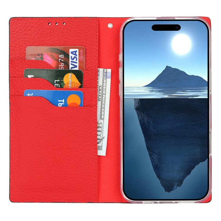 For iPhone 16 Pro Wallet Case Genuine Cow Leather Phone Cover Litchi Texture - Black