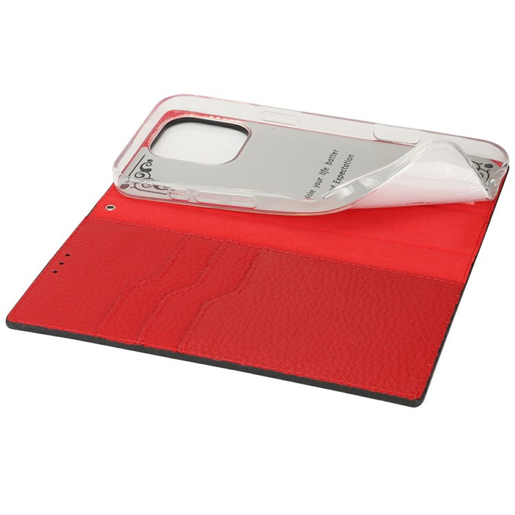 For iPhone 16 Pro Wallet Case Genuine Cow Leather Phone Cover Litchi Texture - Black