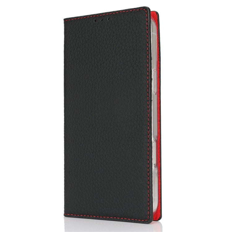 For iPhone 16 Pro Wallet Case Genuine Cow Leather Phone Cover Litchi Texture - Black