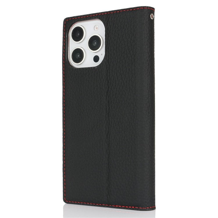 For iPhone 16 Pro Wallet Case Genuine Cow Leather Phone Cover Litchi Texture - Black