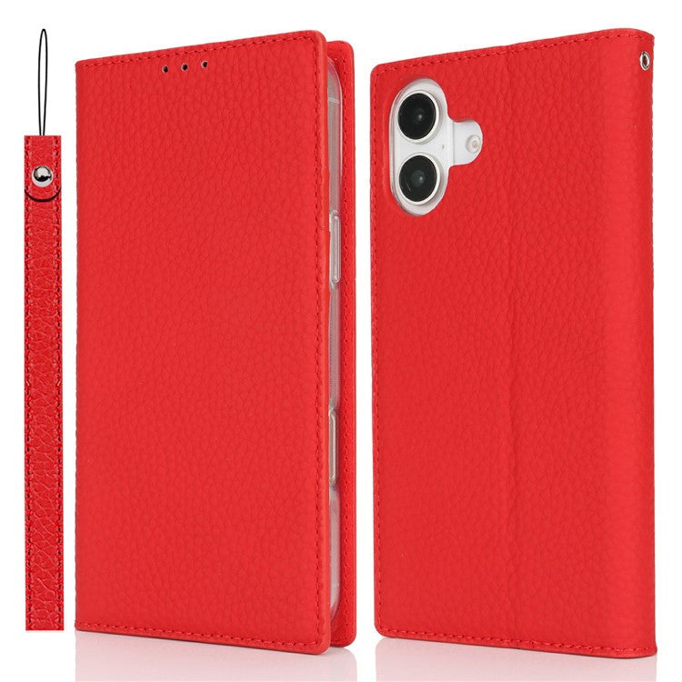 For iPhone 16 Wallet Case Genuine Cow Leather Phone Cover Litchi Texture - Red