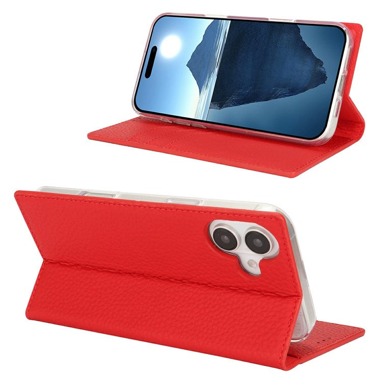 For iPhone 16 Wallet Case Genuine Cow Leather Phone Cover Litchi Texture - Red