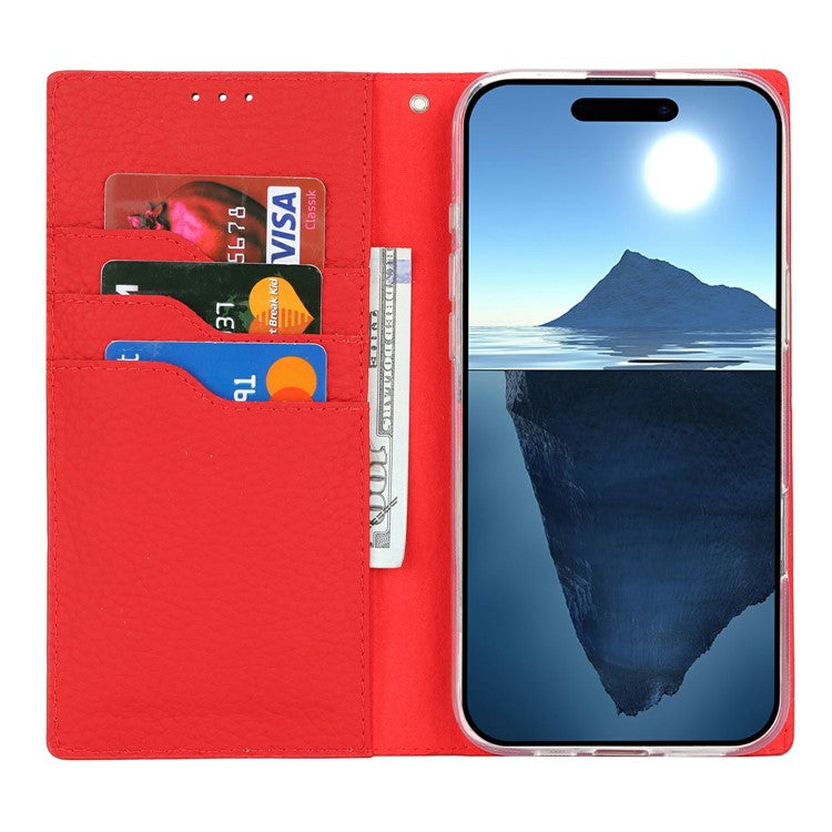 For iPhone 16 Wallet Case Genuine Cow Leather Phone Cover Litchi Texture - Red