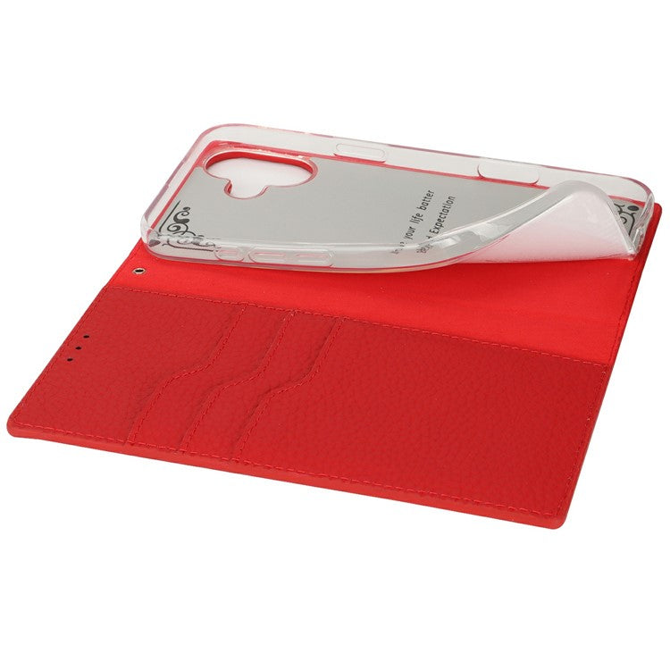 For iPhone 16 Wallet Case Genuine Cow Leather Phone Cover Litchi Texture - Red