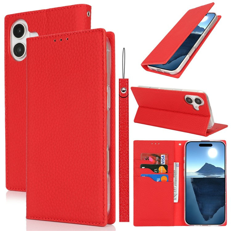 For iPhone 16 Wallet Case Genuine Cow Leather Phone Cover Litchi Texture - Red