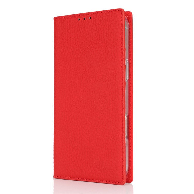 For iPhone 16 Wallet Case Genuine Cow Leather Phone Cover Litchi Texture - Red