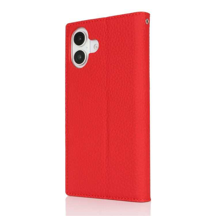 For iPhone 16 Wallet Case Genuine Cow Leather Phone Cover Litchi Texture - Red