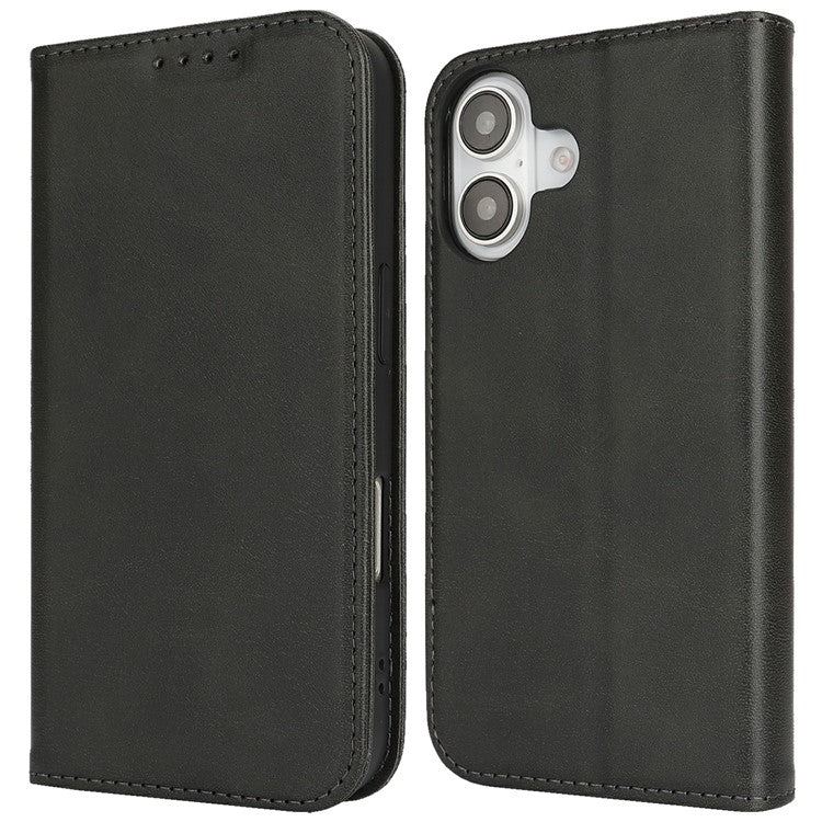 For iPhone 16 Plus Case PU Leather Calf Textured Magnetic Closing Smart Phone Cover - Black
