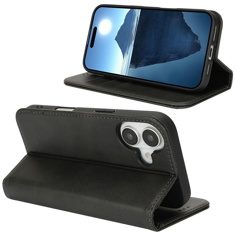 For iPhone 16 Plus Case PU Leather Calf Textured Magnetic Closing Smart Phone Cover - Black