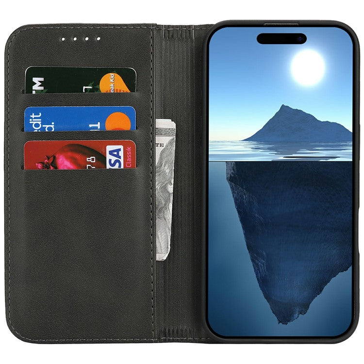 For iPhone 16 Plus Case PU Leather Calf Textured Magnetic Closing Smart Phone Cover - Black